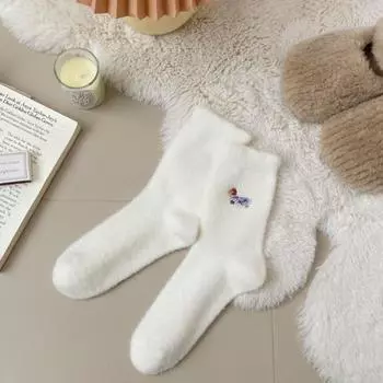 Милые чисто белые носки до середины икры из норкового флиса с черной отделкой ушей, австралийского флиса, с вышивкой таксы, мультяшные, толстые, теплые, для сна, послеродовые 1 pair