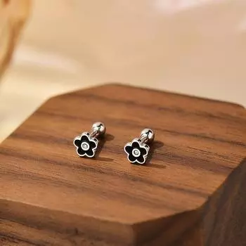 Милые цветочные серьги-гвоздики, маленькие и изысканные, черные цветочные, простые, универсальные серьги