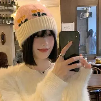 Милые цветочные вязаные шапки для женщин осень-зима корейская версия плюшевый теплый пуловер шапка модные жаккардовые шапки шапки Ins 56-58cm розовый
