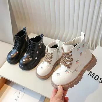 Милые детские ботильоны с вышитыми цветами, детские кожаные туфли весна-осень, универсальные модные короткие ботиночки на шнуровке для девочек 30