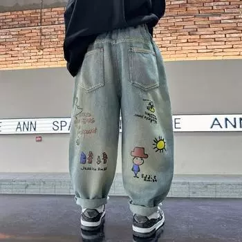 Милые детские брюки весна-осень детские джинсы-карандаш с рисунком из мультфильмов одежда для детей девочек мальчиков брюки с эластичной резинкой на талии 90 синий