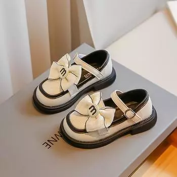 Милые детские кожаные туфли с бантом, классические детские кожаные туфли в корейском стиле для принцессы 2024 года, универсальные модные детские туфли черного цвета 26 бежевый