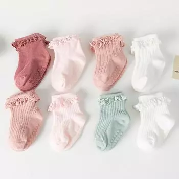 Милые детские носки для девочек, кружевные детские короткие носки с оборками, однотонные нескользящие детские носки с резиновой подошвой M светло-розовый