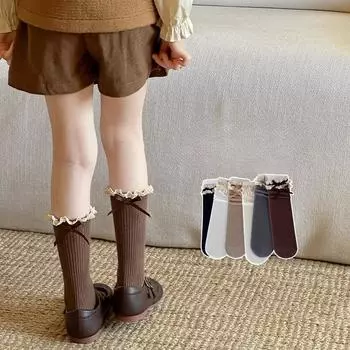Милые детские носки принцессы для девочек в стиле ретро с кружевом и бантом, детские носки из мягкого хлопкового ворса для школы на весну и осень