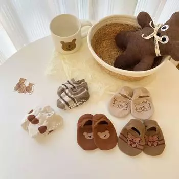 Милые детские носки с изображением медведя кофейного цвета, резиновые нескользящие носки-тапочки, детские носки с героями мультфильмов для новорожденных и малышей, От 0 до 6 лет S