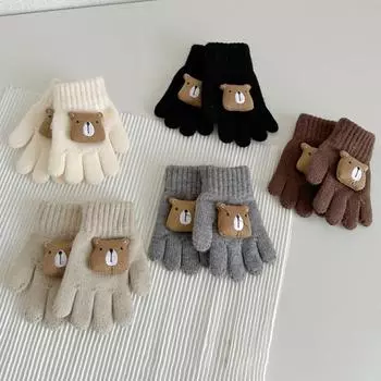 Милые детские перчатки с медвежонком, зимние теплые, утолщенные, вязаные, с полными пальцами, для мальчиков и девочек, однотонные, детские, с рисунком, варежки для верховой езды бежевый
