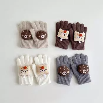 Милые детские перчатки с рисунком, зимние теплые вязаные варежки для малышей, кавайные однотонные детские перчатки для мальчиков и девочек с пятью пальцами бежевый