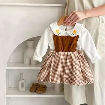 Милые детские платья для девочек, комплекты одежды, осенний вышитый топ, клетчатая юбка, комплект из 2 предметов, одежда для малышей с героями мультфильмов, bafanou 66176 73cm(6-12M) белый