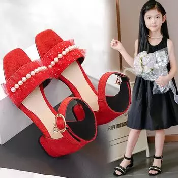 Милые детские сандалии 2024 года, летняя новая мода, корейские туфли с открытым носком на высоком каблуке для девочек, шикарные римские туфли для учеников начальной школы 27 чёрный
