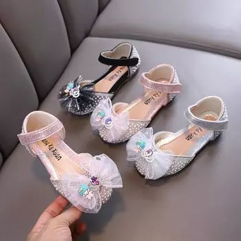 Милые детские сандалии, элегантные летние балетки со стразами и короной для девочек, модные повседневные туфли для принцессы с жемчугом 21 чёрный
