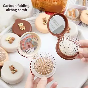 Милые детские щетки для волос, мини-милые расчески с изображением медведя из мультфильма и зеркалом для детей, маленькая портативная массажная расческа для девочек, веревка для волос