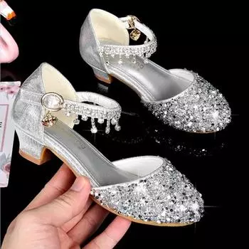 Милые детские туфли принцессы с блестками, модные детские туфли со стразами, повседневные туфли на высоком каблуке, весенне-летние сандалии для девочек, свадебное платье для вечеринки 26 серебряный