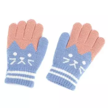 Милые детские утолщенные теплые перчатки для мальчиков и девочек, студентов, зимние вязаные варежки с изображением кота, перчатки для вязания на открытом воздухе, для велоспорта и катания на лыжах светло-синий