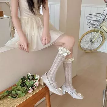 Милые девушки длинные носки женские чулки ажурные сексуальные кружевные сетчатые чулки Лолита кавайные банты милые оборки носки чулки белый