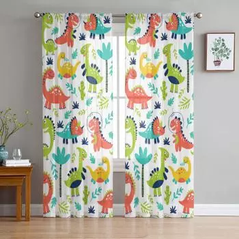 Милые динозавры для детей, прозрачные шторы с принтом для гостиной, прозрачные тюлевые занавески для окон, спальни, кухни, вуаль, шторы 135W x 114H(cm)