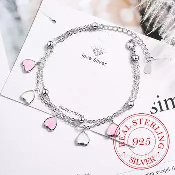 Милые двухслойные браслеты-цепочки в форме сердца из стерлингового серебра 925 пробы с розовой глазурью и лепестками цветущей вишни