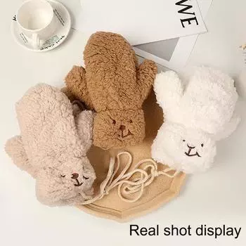 Милые флисовые перчатки с маленьким медвежонком, женские зимние теплые плюшевые пушистые перчатки с полным пальцем, ветрозащитные варежки с подвеской на шею для девочек