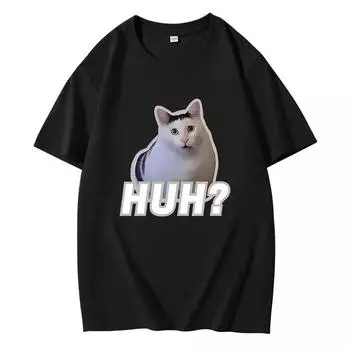 Милые футболки Huh Cat Meme, забавные классические женские футболки унисекс, одежда Harajuku Aesthetic, винтажные унисекс-футболки, хлопковые топы 4XL чёрный
