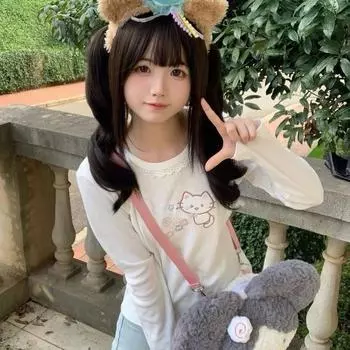 Милые футболки Kawaii для женщин в японском стиле Y2k, кружевные лоскутные милые футболки с вышивкой из мультфильмов, топы для девочек S белый