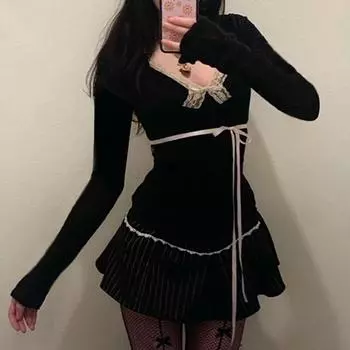 Милые футболки Kawaii для женщин в стиле Koeran, сексуальные кружевные лоскутные банты, повязки с длинным рукавом, тонкие футболки, топы S чёрный