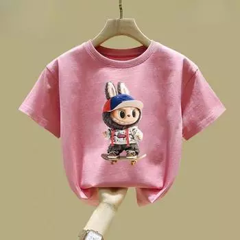 Милые футболки с Лабубу для девочек и мальчиков, летние детские футболки с коротким рукавом из чистого хлопка с круглым вырезом, свободные топы 80