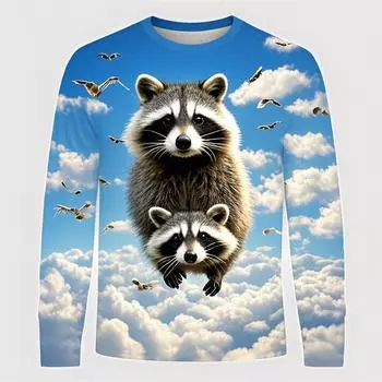 Милые футболки с рисунком енота, летняя мода, длинный рукав, забавные 3D-напечатанные животные, мужская футболка, повседневные свободные футболки Harajuku S