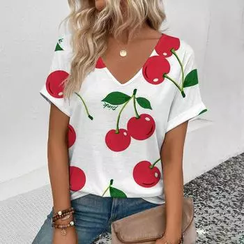 Милые футболки с рисунком вишни, женские футболки с 3D-принтом и V-образным вырезом, короткие рукава, футболки в стиле Харадзюку Y2k, футболки, топы, женская одежда S
