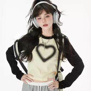 Милые футболки с сердечками для девочек, футболки Y2K, женские модные футболки, уличная одежда, повседневные повседневные футболки для женщин, футболки с длинными рукавами S