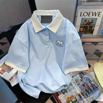 Милые футболки в стиле преппи Kawaii для женщин, японская мода, Harajuku, пэчворк, милые собачки, вышитые футболки, топ, мягкий, для девочек S синий