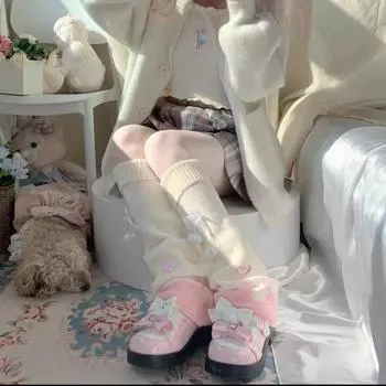 Милые гетры до икры с бантиками в японском стиле, вязаные, объемные, для JK, до колена, осенне-зимние, теплые, носки для милой девушки