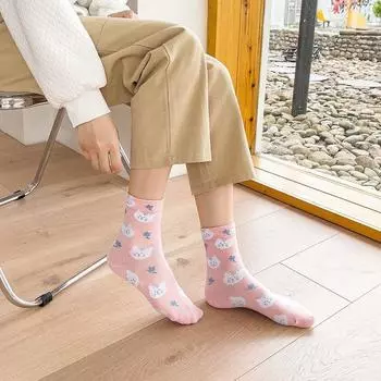 [Милые гольфы средней длины с принтом кошек] 1-4 пары носков с мультяшным принтом кошек, удобные и милые гольфы средней длины, женские чулки и носки EU 35-39