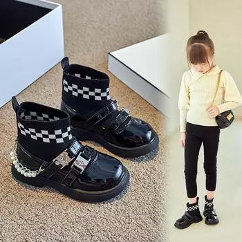 Милые готические детские модные цепочки с жемчугом, глянцевые, новые весенние повседневные 2024, новые черные шахматные детские универсальные уникальные носки-сапоги из искусственной кожи 27 бежевый
