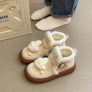 Милые хлопковые ботинки, зимние женские сапоги из утолщенного бархата, новинка 2024 года, нескользящая обувь из овечьей шерсти на толстой подошве 35