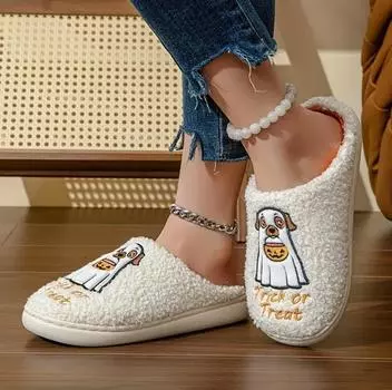 Милые хлопковые тапочки на Хэллоуин для дома, зимние, мультяшные, с изображением собаки, сложенные утолщенные, для пары, домашние тапочки
