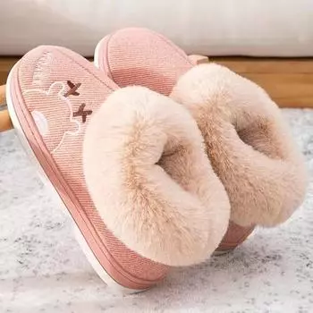 Милые хлопковые тапочки на каблуке 2024 года, зимняя одежда, удобные и нескользящие плюшевые тапочки для пар дома и за границей, обувь на платформе 36 37 розовый