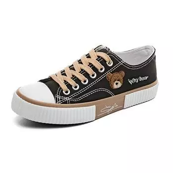 Милые холщовые туфли с изображением медведя, женские дышащие кроссовки, модные повседневные универсальные вулканизированные кроссовки с плоской подошвой, высокие и низкие, со шнуровкой 35