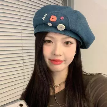 Милые и классные береты с принтом пуговиц, джинсовые шапки для женщин, весна-лето, корейская версия, модные универсальные шляпы художника-облачника 56-58cm светло-синий