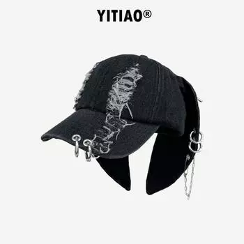Милые и классные малышки Y2k шляпы для женщин милые кроличьи ушки весна и лето путешествия мода личность рваная джинсовая бейсболка 56-58cm чёрный