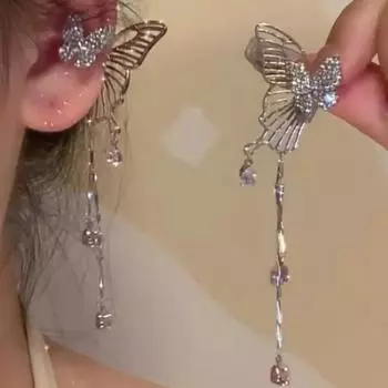 Милые и классные серьги-клипсы в виде бахромы в виде бабочки без отверстия для уха, женские серьги-клипсы с круглым лицом спереди и сзади