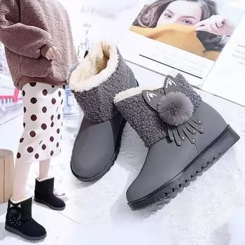 Милые и модные зимние ботинки для женщин 2024 года, новые зимние ботинки с плоской подошвой, нескользящие и теплые хлопковые ботинки с плюшевой хлопковой обувью 36 чёрный