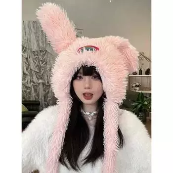 Милые и симпатичные шапки-бомберы Koean с кроличьими ушками для женщин, осенние и зимние, утепленные, плюшевые, защитные шапки-пуловеры 56-58cm