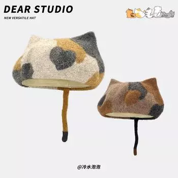 Милые и симпатичные шерстяные береты с кошачьими ушками для женщин, осенние и зимние, теплые, универсальные, повседневные, ретро-художественные шляпы для художников M56-58cm молочный белый