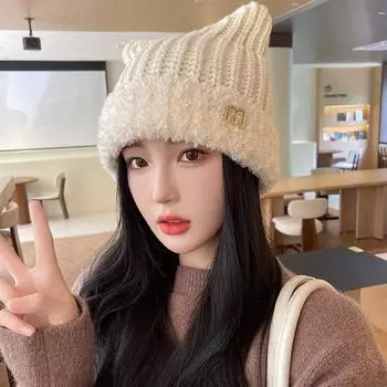 Милые и симпатичные вязаные женские шапки с кошачьими ушками, осенне-зимние новые корейские модные универсальные термозащитные плюшевые шапочки 56-58cm бежевый