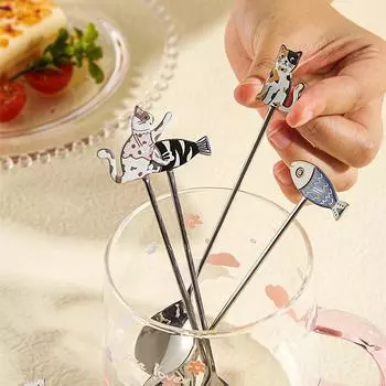 Милые картины кошка 304 нержавеющая сталь ложка полая для кофе чай десертная ложка кухонная посуда подарки для студентов детей