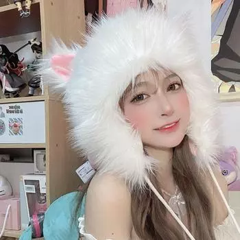 Милые кавайные женские шапки с кошачьими ушками, шапка-бини, женская шапка в стиле Лолиты, осенне-зимняя теплая повседневная меховая шапка, шикарная уличная одежда, милая шапка с героями мультфильмов 56-58cm белый