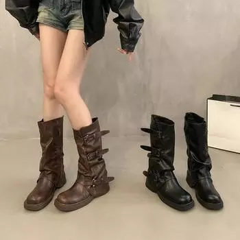 Милые классные ботинки-трубы с пряжкой на ремне, средней высоты, женские, новинка 2025 года, винтажные ковбойские сапоги в стиле вестерн, брюки-трубы, высокие каблуки, ботинки Martin 35 чёрный