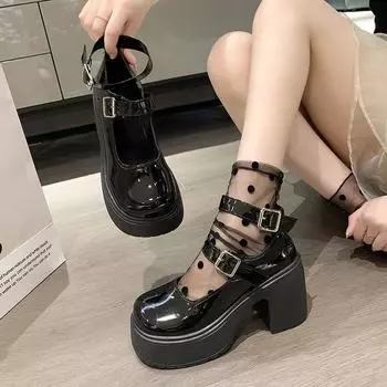 Милые классные туфли на толстом высоком каблуке 2024 года, весна-осень, новые мокасины на платформе, ретро-туфли Мэри Джейн, черные туфли-лодочки с пряжкой на щиколотке 35