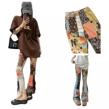 Милые клетчатые цветочные полосатые контрастные женские брюки-клеш, длинные брюки-клеш, элегантные брюки y2k с эластичной резинкой на талии, 2023 S