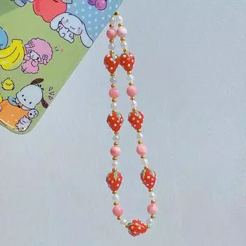 Милые клубничные бусины, цепочка для мобильного телефона, женский чехол для мобильного телефона для девочек, аксессуары, розовый камень, ремешок для мобильного телефона, телефонная подвеска
