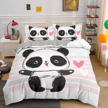 Милые комплекты постельного белья с рисунком панды из мультфильма, 3D-печатный комплект пододеяльников для детей и девочек, 135x200, постельное белье размера «king-size», односпальная кровать, двуспальная кровать, декор комнаты EU single(135x200cm)